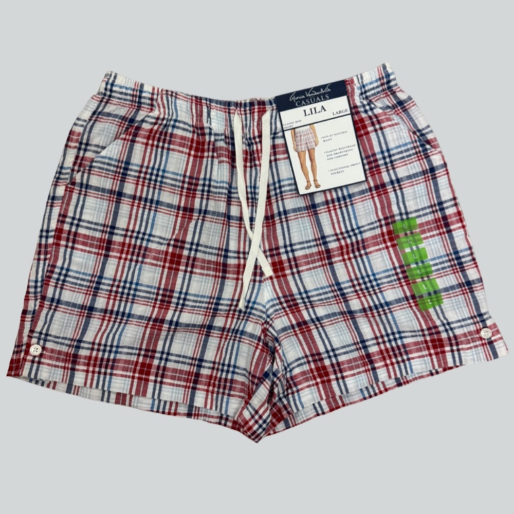 NWT Gloria Vanderbilt Casuals Plaid Natural Waist Shorts with Drawstring